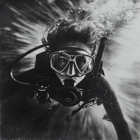 black and white high contrast pencil art of an female figure scuba diving underwater, Generative AIの素材