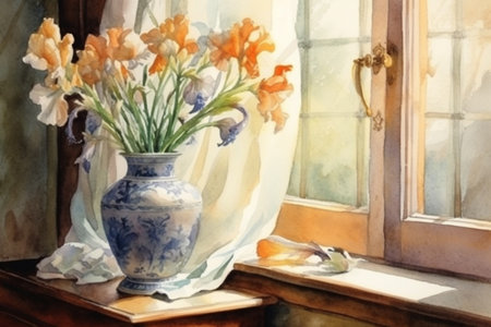 vase with irises on the windowsill, watercolor Generative AIの素材