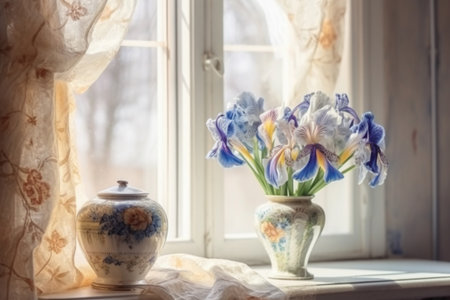 vase with irises on the windowsill, watercolor Generative AIの素材
