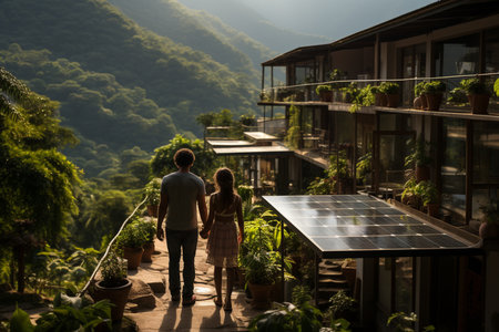 Family walking near their house with photovoltiacs panels on the roof. Generative AIの素材