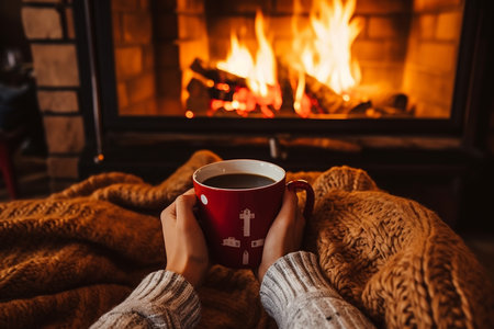 person drinkink hot cocoa sitting by the fire in front of cozy fireplace. Winter season, Generative AIの素材