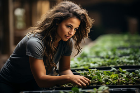 Woman portrait, plant and gardening in a park with trees in nature environment, ., Generative AIの素材