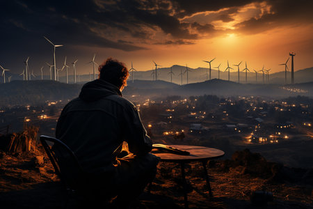 Silhouette of engineer working at wind farm, Generative AIの素材