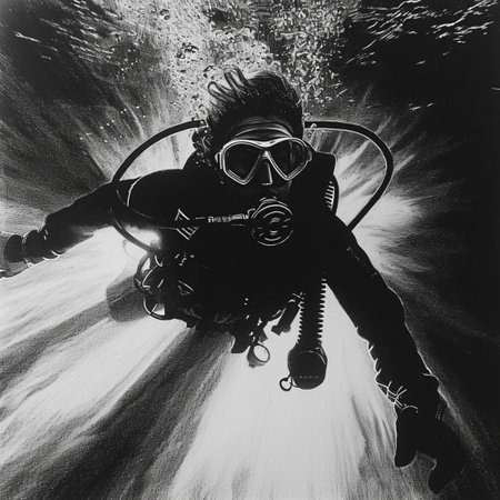 black and white high contrast pencil art of an female figure scuba diving underwater, Generative AIの素材