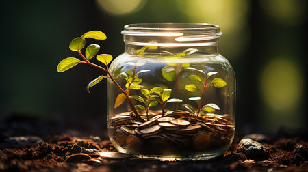 Business investment growth concept. Conceptual coins in glass bottle and growing tree on nature background. Generative AIの素材