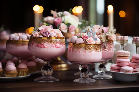 Candy bar and wedding cake. Table with sweets, in pink tones Generative AIの素材