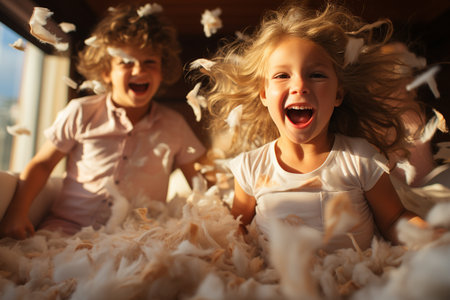 children in pajamas jump on the bed. Generative AIの素材