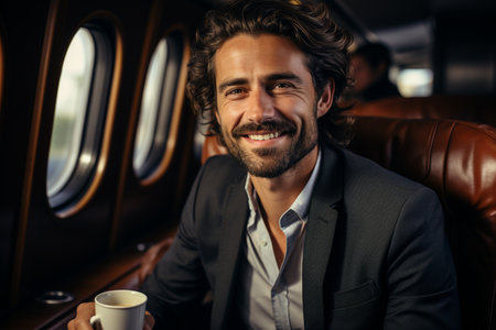 Smiling businessman in private plane, Generative AIの素材