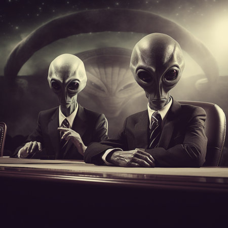 aliens in suits at the desk, Generative AIの素材