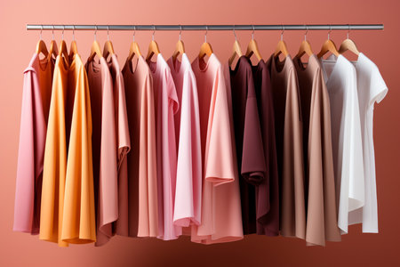 clothes in a row on hangers, peach fluff, Generative AIの素材