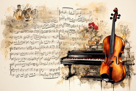 violin, piano and notes in the background, Generative AIの素材