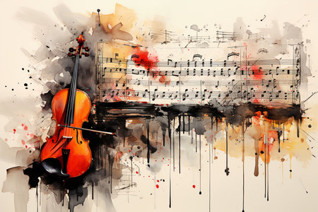 violin, piano and notes in the background, Generative AIの素材