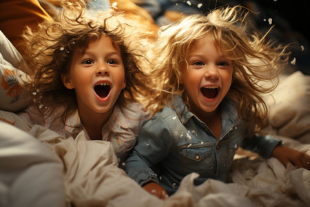 children in pajamas jump on the bed. Generative AIの素材