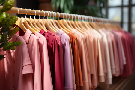 clothes in a row on hangers, peach fluff, Generative AIの素材