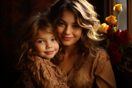 Portrait of little daughter and beautiful happy mother, Generative AIの素材