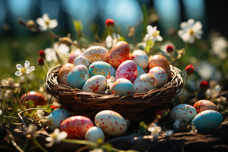 basket with Easter eggs on a flowering meadow, Generative AIの素材