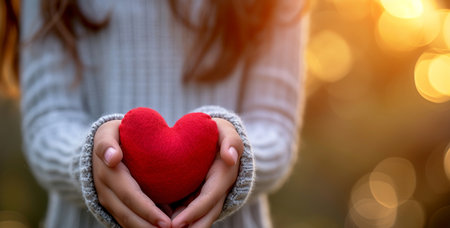 hands of a girl with a gray sweater with a red knitted heart in the hands, Generative AIの素材
