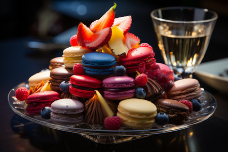 Dessert table with a macaroons composition - colorful pyramid. Generative AIの素材