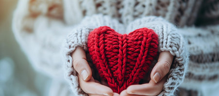 hands of a girl with a gray sweater with a red knitted heart in the hands, Generative AIの素材