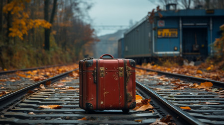 lonely retro suitcase on rails, Generative AIの素材