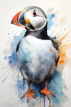 Drawing of a Puffin with Orange Eyes, , Generative AIの素材