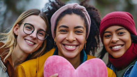 group of happy women with a heart in their hands, Generative AIの素材