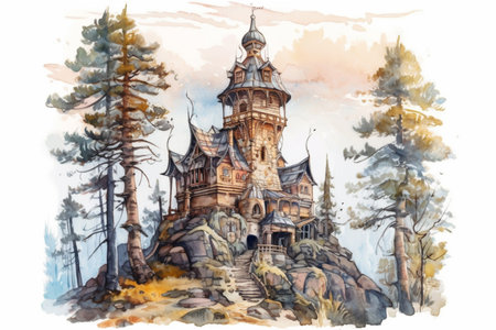 wooden house with a tower in the forest, watercolor on a white background, Generative AIの素材