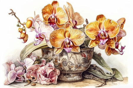 orchid in a vase on a white background, watercolor, , watercolor style, Generative AIの素材