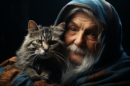 old homeless man with a cat, Generative AIの素材