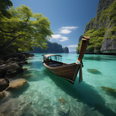 Traditional Thai longtail boat in the bay, Generative AIの素材