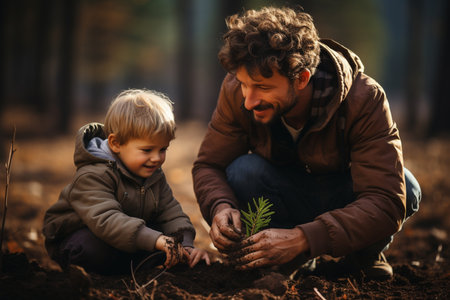 Father and son were planting trees, Generative AIの素材