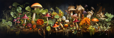 mushrooms in the forest on a dark background banner, Generative AIの素材