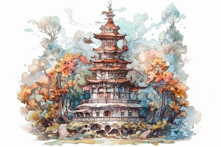 wooden house with a tower in the forest, watercolor on a white background, Generative AIの素材