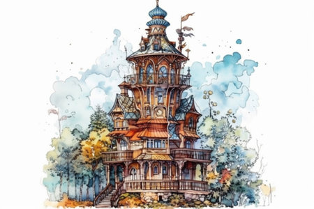 wooden house with a tower in the forest, watercolor on a white background, Generative AIの素材