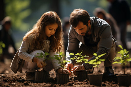 Father and daughter tree planting time, Generative AIの素材