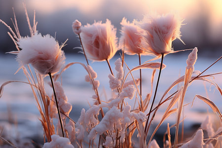 delicate pink flowers covered with frost, Generative AIの素材