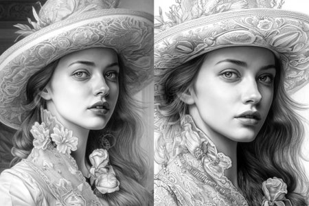 woman in a hat with flowers, portrait, retro, black and white drawing, Generative AIの素材