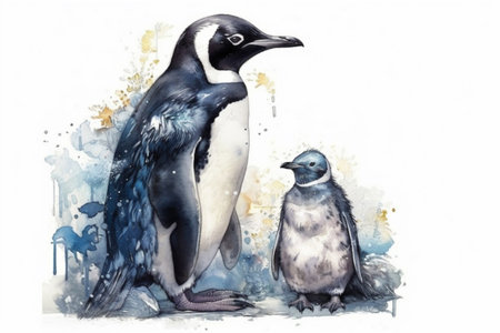 penguin and little penguin on a white background, watercolor style, Generative AIの素材