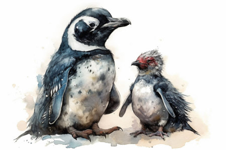 penguin and little penguin on a white background, watercolor style, Generative AIの素材
