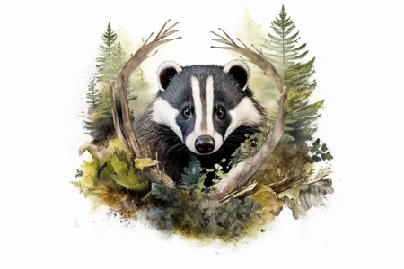 badger in the forest, watercolor style, Generative AIの素材