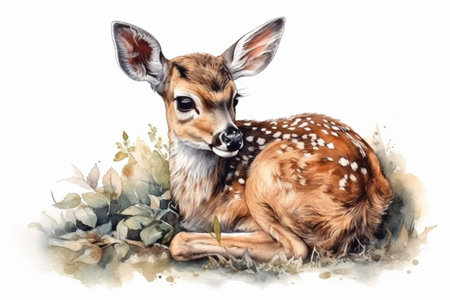 cute deer lies on a white background, watercolor style, Generative AIの素材