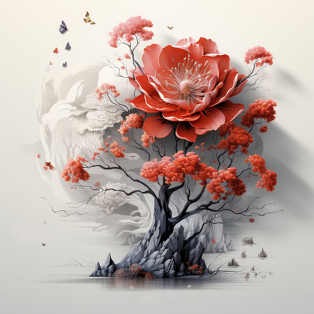 blooming tree with a large red flower, drawing on a white background, Generative AIの素材