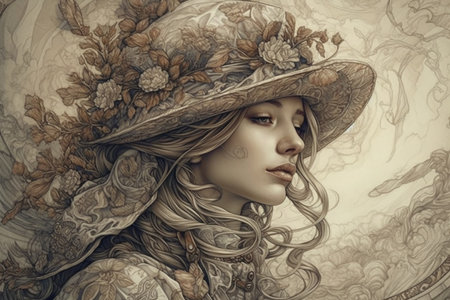 Woman in a hat with flowers, portrait, retro, black and white drawing,Generative AIの素材