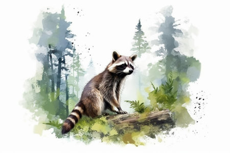 raccoon in the forest, watercolor style, Generative AIの素材