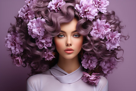 Beauty fashion model Girl with Lilac Flowers Hair Style. Generative AIの素材