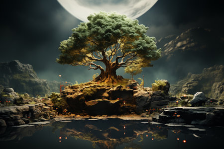a large tree by the water in the moonlight, Generative AIの素材