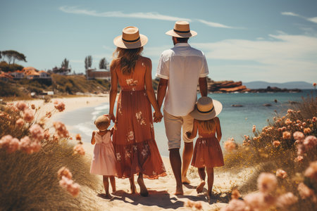 a married couple with two daughters on the seashore with their backs to the frame, Generative AIの素材