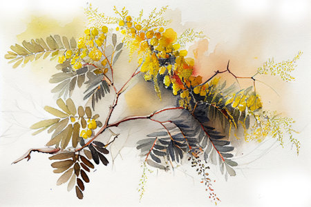 blooming mimosa branch isolated on white background, watercolor style, Generative AIの素材