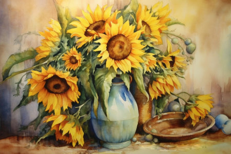 still life with sunflowers in a vase on the table, watercolor style, Generative AIの素材