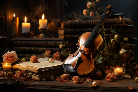 violin, candles and notes, Generative AIの素材